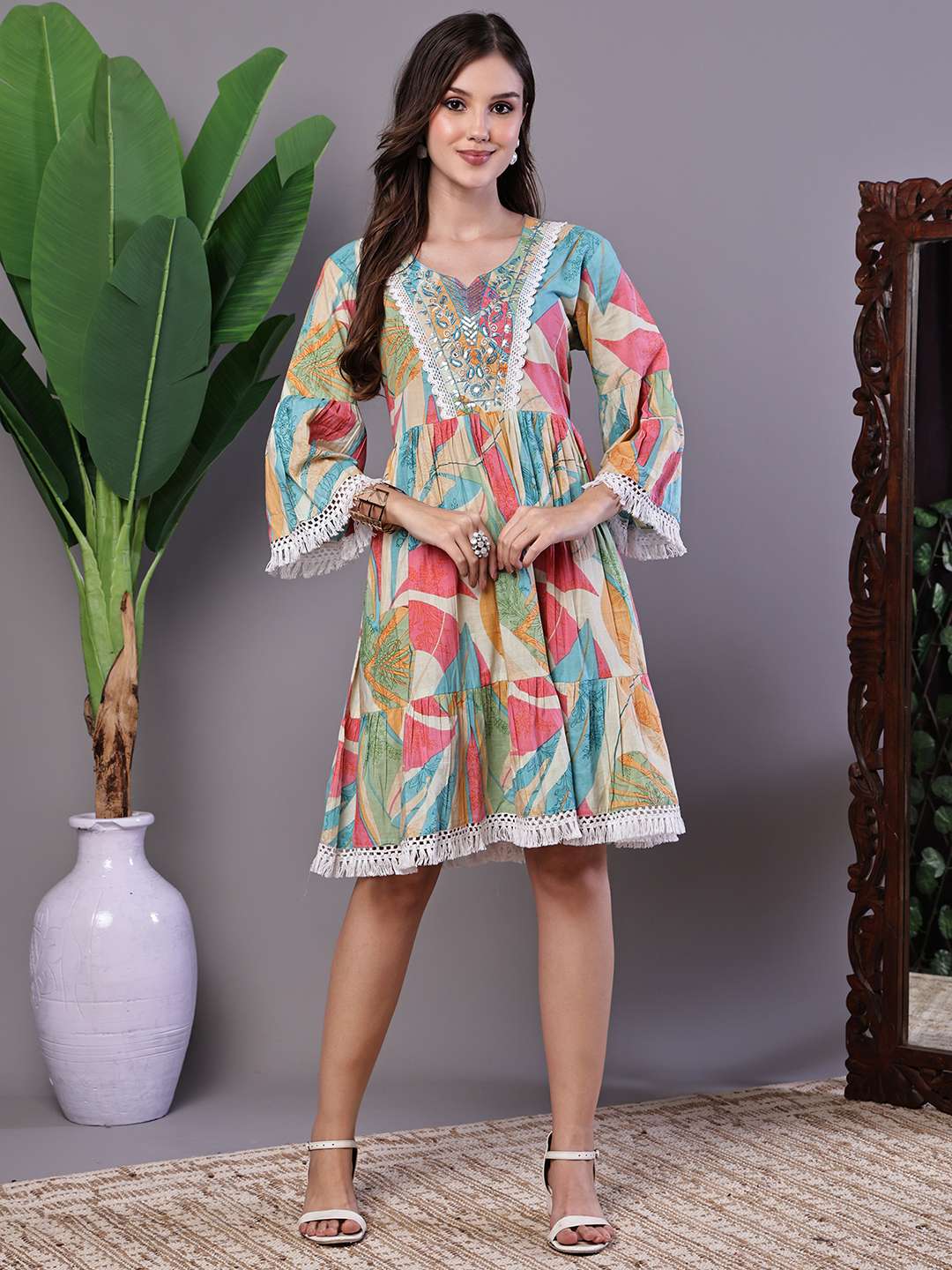 Wome's Multicolor Printed Cotton A-Line Dress with Embroidered Yoke Midi Dresses - Image 3