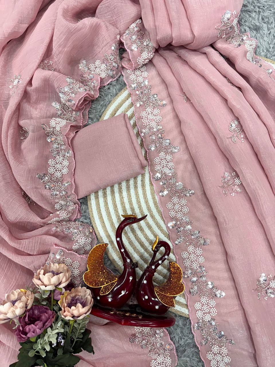Women's Soft Pink Organza Saree with Delicate Pearl & Sequin Floral Embroidery β Lightweight Sheer Drape for Festive, Wedding & Party Wear - Image 6
