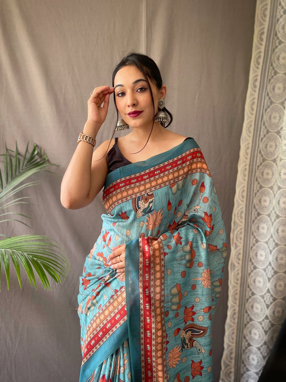 Women's Artistic Terracotta Orange Linen Saree with Kalamkari Inspired Print & Tassel Detailing – Perfect for Casual Festivities & Cultural Events - Image 12