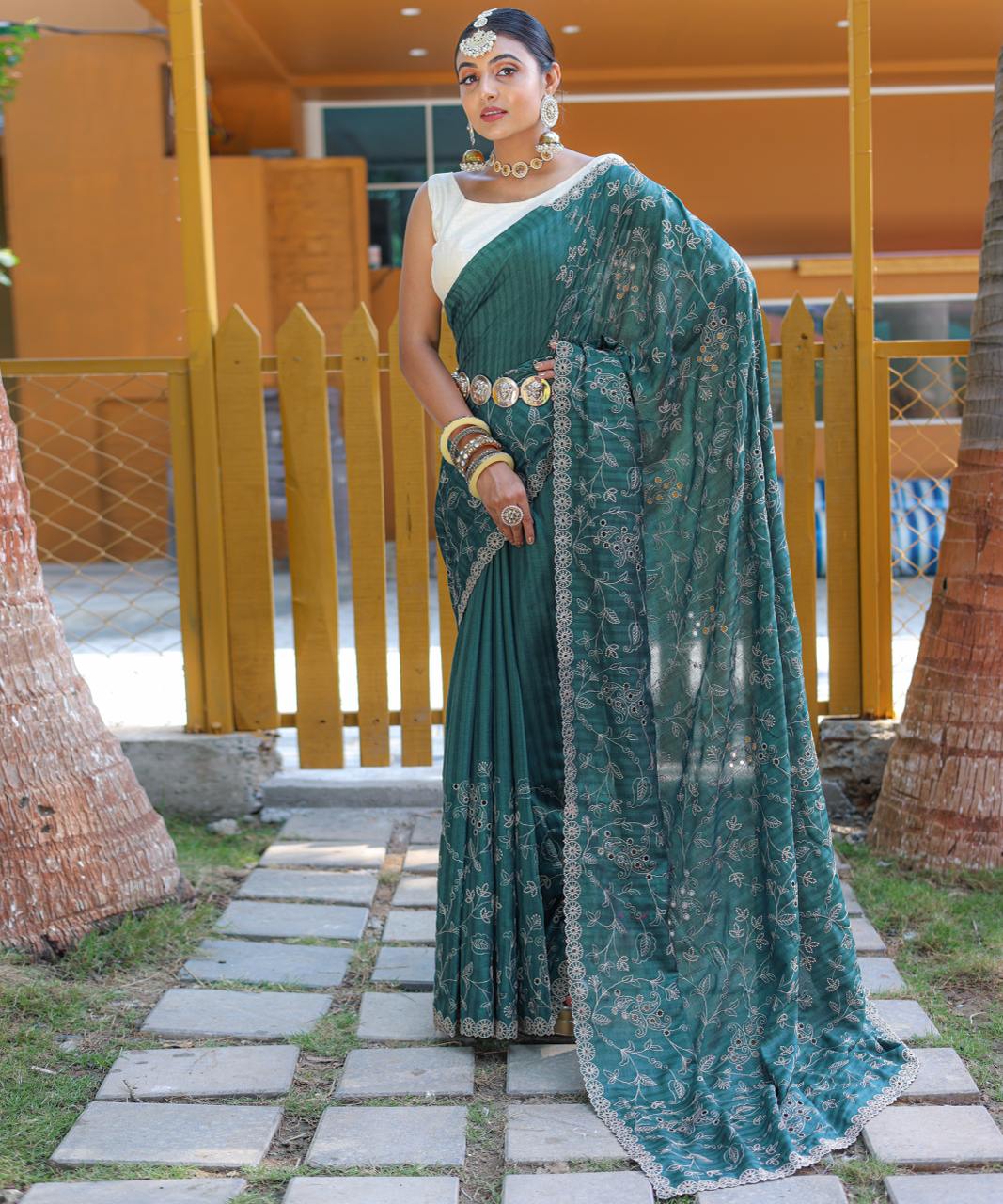 Women's Royal Prussian Blue Georgette Saree with Intricate Silver Thread & Mirror Work Embroidery – Perfect for Festive & Wedding Celebrations - Image 20