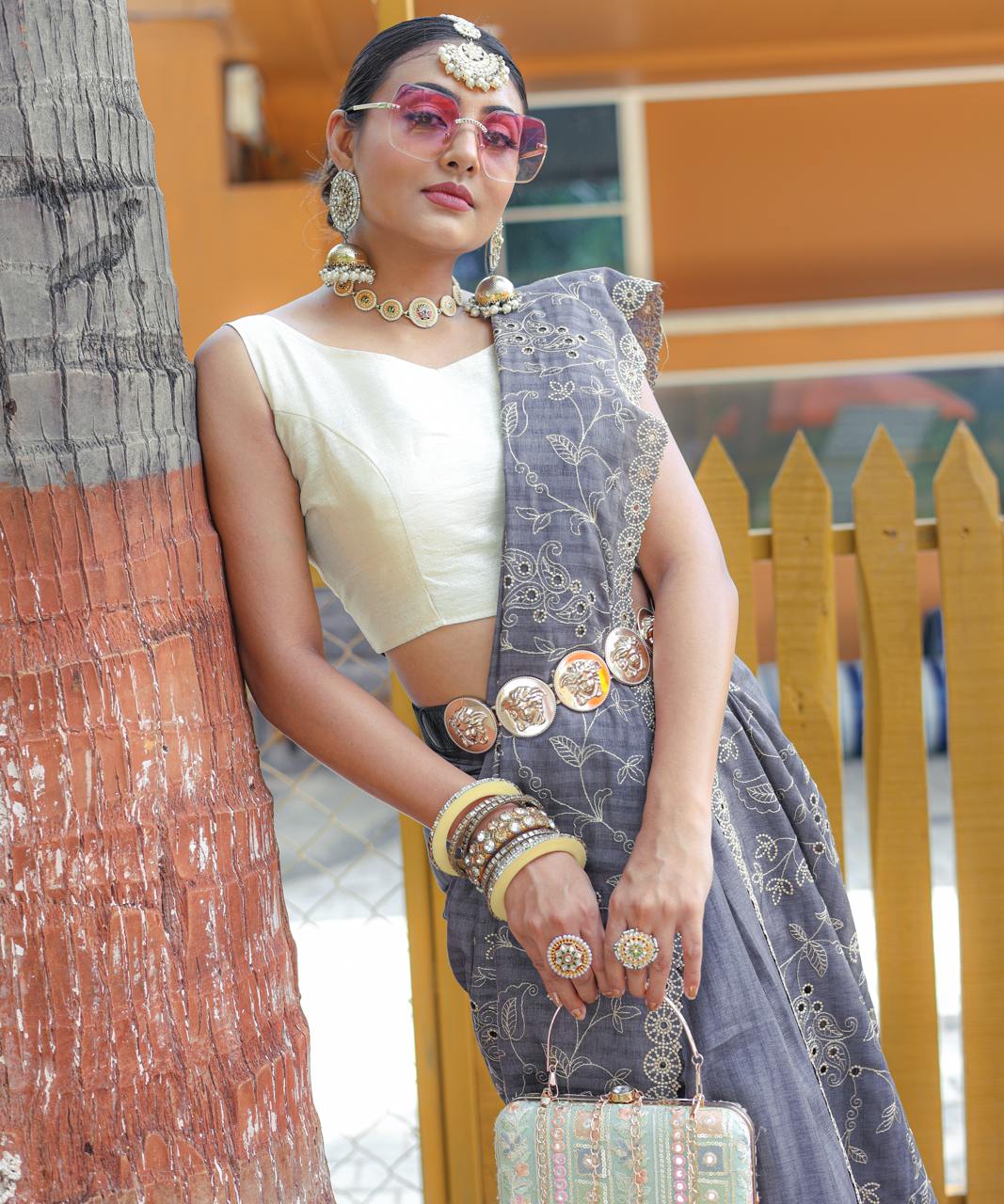 Women's Royal Prussian Blue Georgette Saree with Intricate Silver Thread & Mirror Work Embroidery – Perfect for Festive & Wedding Celebrations - Image 14