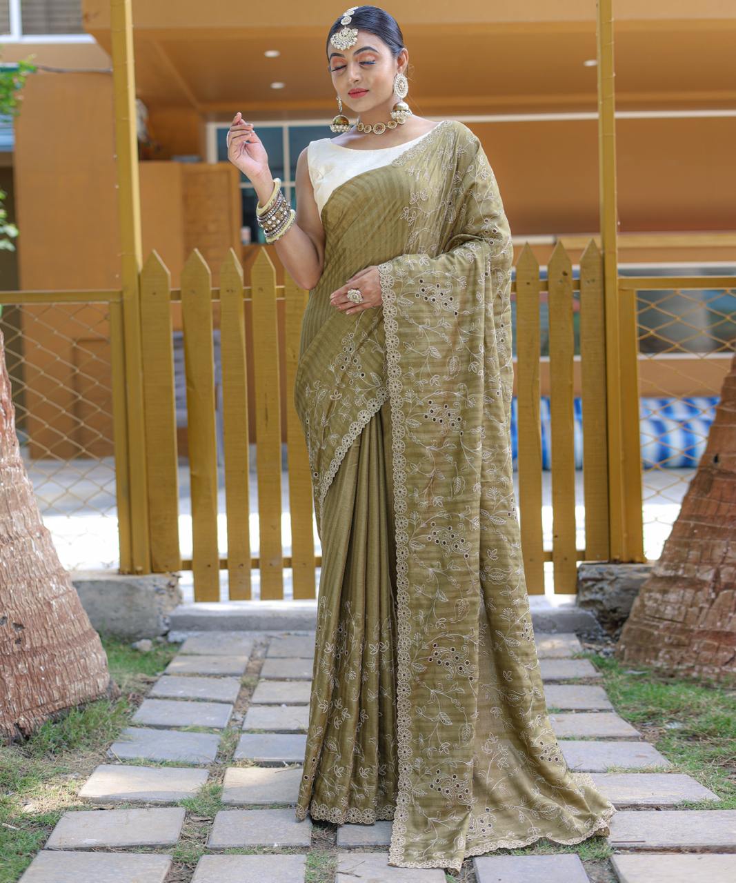Women's Royal Prussian Blue Georgette Saree with Intricate Silver Thread & Mirror Work Embroidery – Perfect for Festive & Wedding Celebrations - Image 12