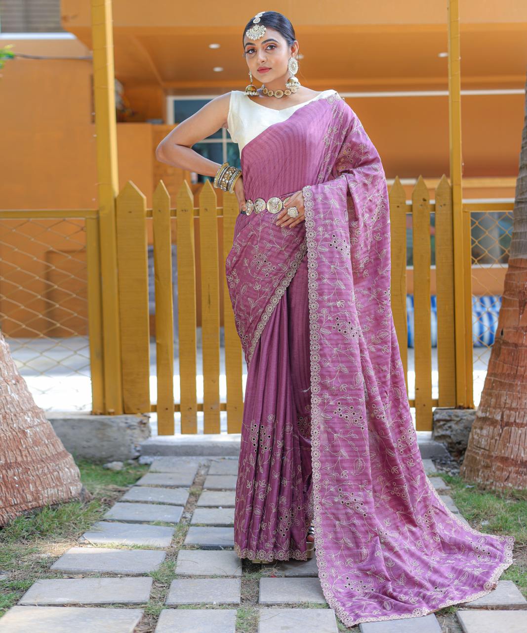 Women's Royal Prussian Blue Georgette Saree with Intricate Silver Thread & Mirror Work Embroidery – Perfect for Festive & Wedding Celebrations - Image 8